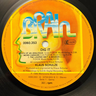 Klaus Schulze – Dig It LP mit OIS (NM) - schallplattenparadis
