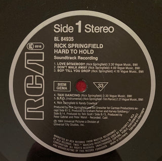 Rick Springfield - Hard to Hold - Soundtrack LP mit OIS (VG) - schallplattenparadis